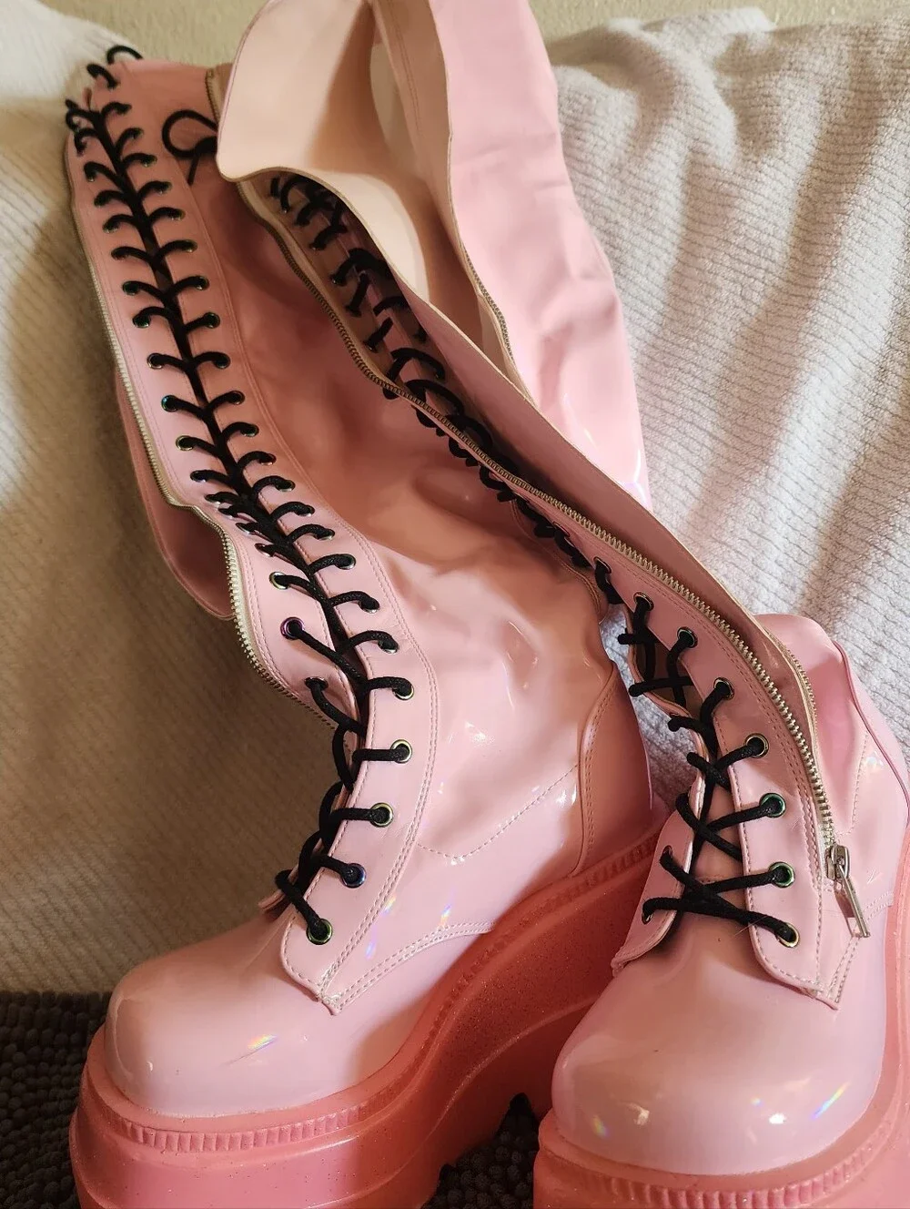 Pink Platform Thigh-high  Lace-Up Boots - Demonia